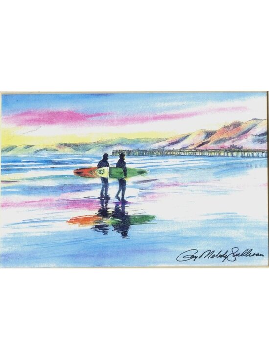 Gay Melody Sullivan Other - Two Surfers Watercolor Print By Gay Melody Sullivan With Coastal Scene & Vibrant